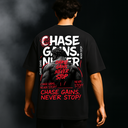 CHASE GAINS NEVER STOP Oversized Gym Tee – Black