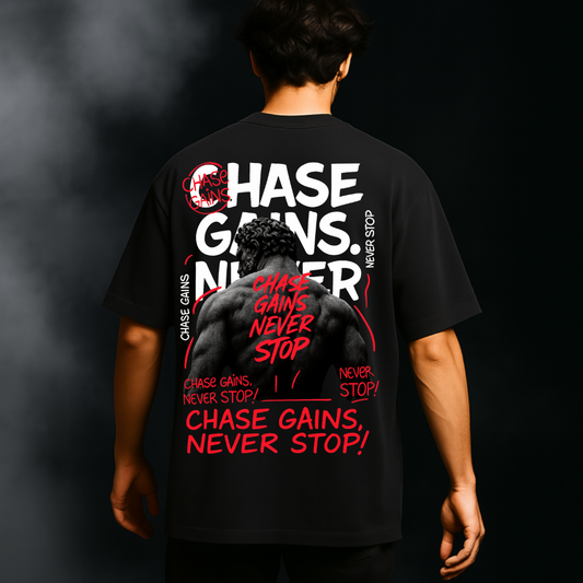 CHASE GAINS NEVER STOP Oversized Gym Tee – Black