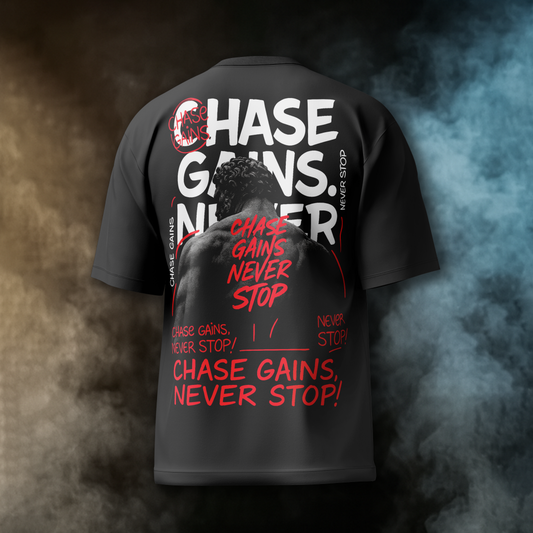 CHASE GAINS NEVER STOP Oversized Gym Tee – Black
